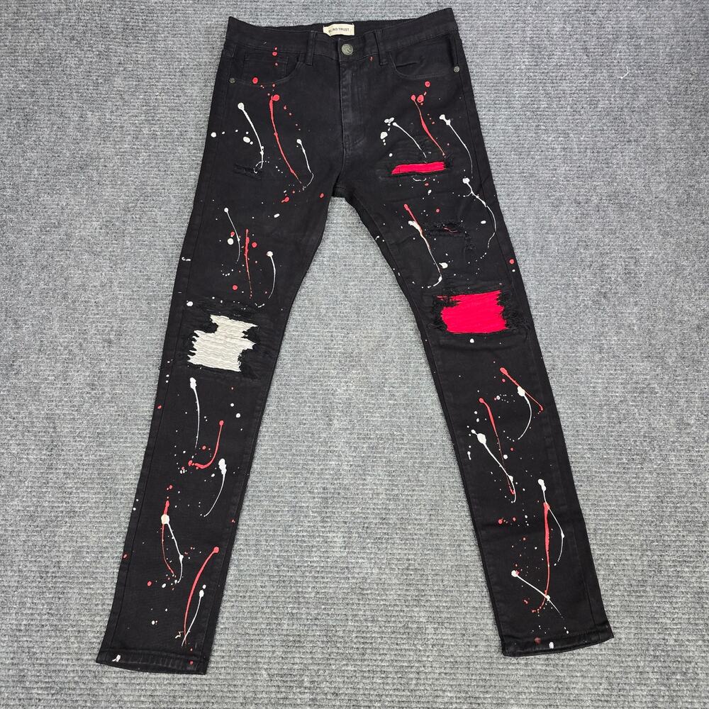 Blind Trust Jeans Mens 32x32 Black Paint Splatter Distressed Skinny Stretch Red